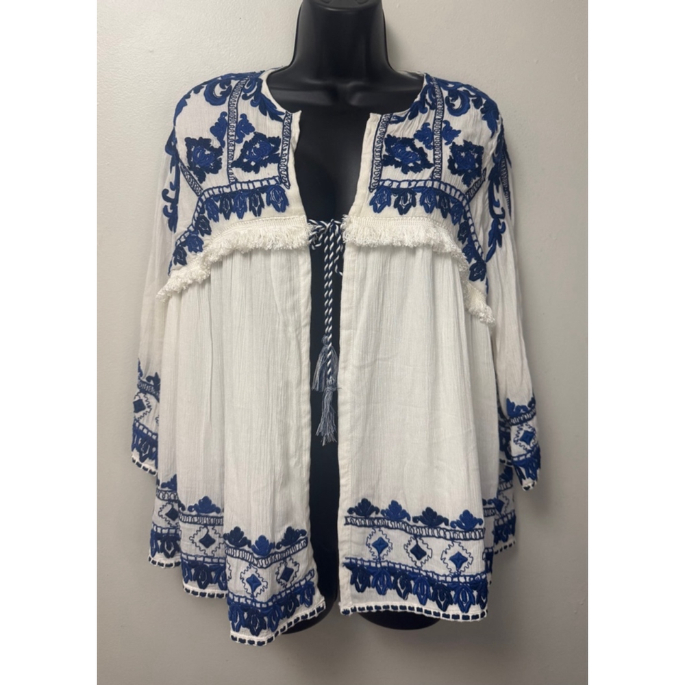 NEW Zara Trafaluc Embroidered Smocked Cardigan Size Medium White and Blue Flawed - Picture 5 of 16